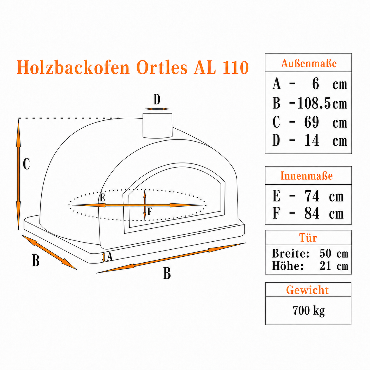 Maßzeichnung des Holzbackofens Ortles AL 110 mit Außenmaßen, Innenmaßen, Türmaß und Gewicht